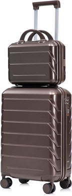 Kids Luggage Sets for Girls, 2 Piece Luggage Set, 20 Inch Rotating Wheel Suitcase with 14 Inch Cosmetic Case, Lightweight Hardshell Suitcase with 360° Spinner Wheels for Travel (Brown)