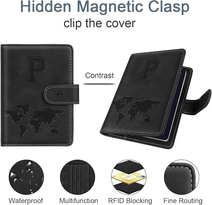 Passport Holder Cover Personalized Initial Letter A-Z Travel Wallet RFID Blocking Passport Cover Passport Book Holders for Women and Men, Black-P