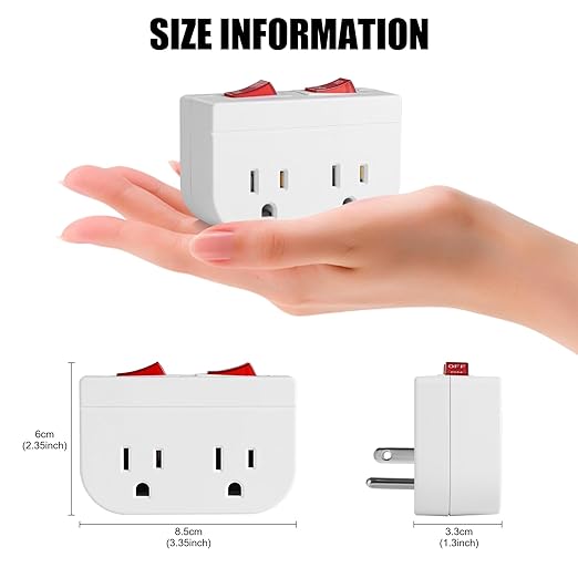Grounded Outlet with Double ON Off Switch,VSEER 2 Port Electrical Outlet Plug Switch 15A 1875W / Wall Tap Adapter with Daul Red Indicator, ETL Listed (White 1-Pack)