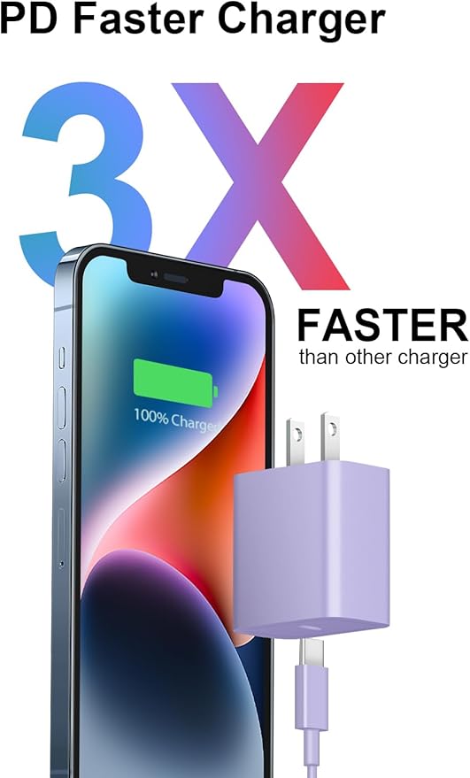 10FT iPhone 14 13 12 Charger Fast Charging 20W PD USB C Wall Charger with 10FT Fast Charging Cable Compatible iPhone 14/13/12/11/Pro/Pro Max/Mini/Xs Max/XR/X, iPad - Purple