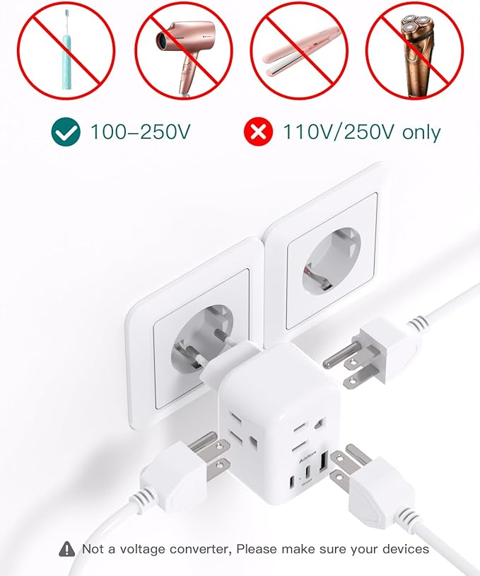 European Travel Plug Adapter, Addtam International Power Adapter with 3 Outlets 3 USB Charging Ports(2 USB C), Type C Adapter Travel Essentials to Most Europe EU Spain Italy France