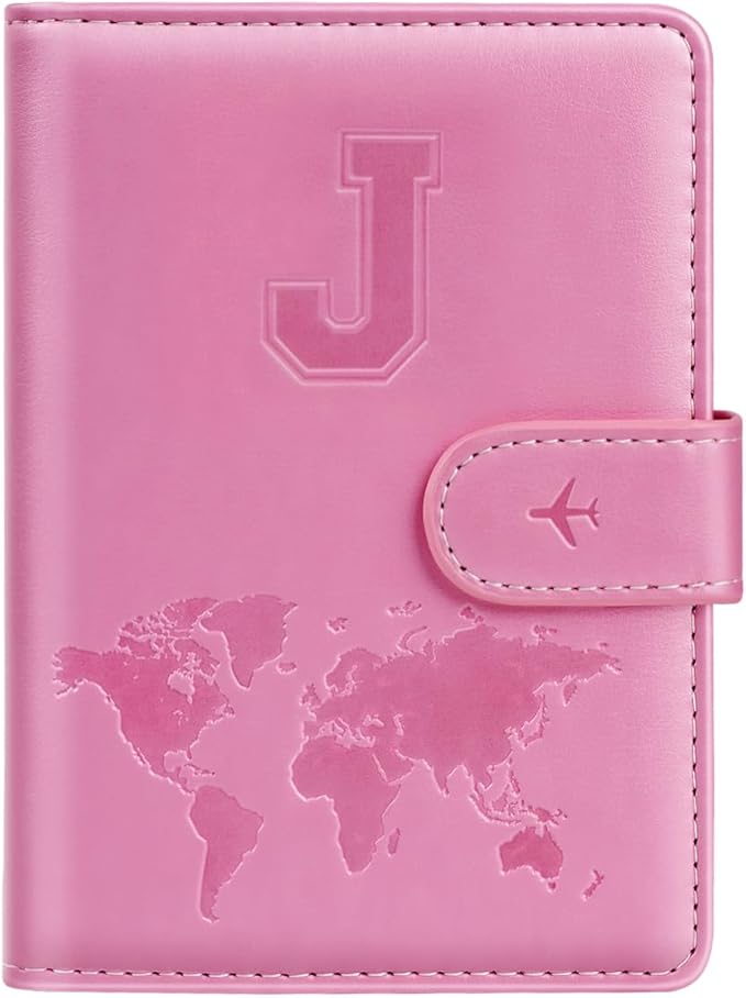 Passport Holder Cover Initail Letter A-Z Travel Wallet Embossed Design RFID Blocking Card Holder Personalized Gift Passport Cover Wallet, Passport Book Holders for Women and Girls, Pink-J