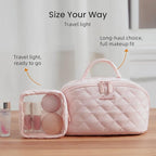 LOVEVOOK Travel Makeup Bag for Women, 2Pcs Puffer Waterproof Cosmetic Organizer, Large Capacity Pouch Open Flat Small Toiletry Bag with Brush Compartment & Handle (Pink-A, Medium)