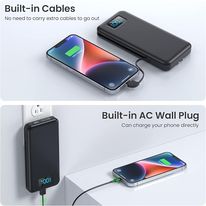 Portable Charger for iPhone with Built in Cables & Wall Plug,10800mah Travel Essentials Power Bank,4 Output LCD Display External Battery Pack Phone Charger for iPhone 17/16/15/14,Galaxy,Android etc