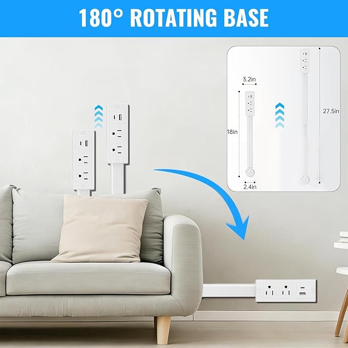 Electrical Outlet Extender Stick with USB-A USB-C and 2 AC Outlets, 17-27 Inch Extendable 180° Rotating Wall Plug Adapter for Nightstand, Sofa, Desk, Hard-to-Reach Spaces