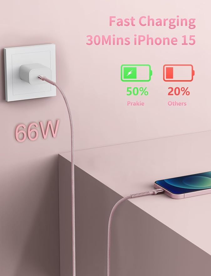 USBC to USBC Cable Fast Charging 66W, 2Pack 3FT USB C Cable, iPhone USB C Charger Cable Short USB Type C to C Cord Nylon Braided for iPhone 17/16/15/Pro Max/Plus/Samsung Galaxy S23/LG and More-Pink