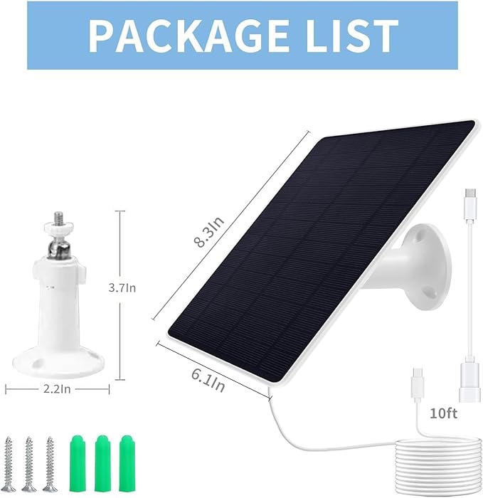 Solar Panel Charger Compatible with Eufycam 2C/2C Pro/E40/E20/2/2 Pro/E, 5V 5W Continuously Charging, 9.8ft Cable, Weatherproof (1Pack)