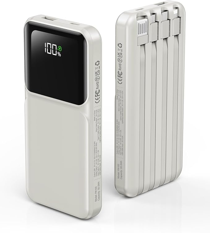 RONEGN Portable Charger with Built in Cable - Power Bank Fast Charging 22.5W USB C 10000mAh LED Display Travel Battery Pack 5 Outputs & 3 Inputs for iPhone Samsung Android iPad Phones Tablets etc
