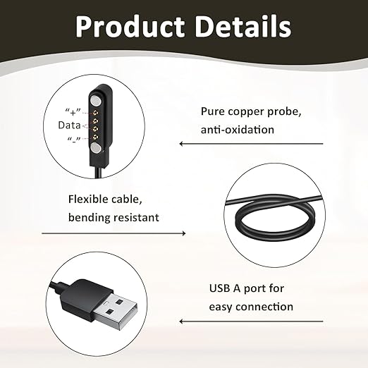 2-Pack Universal Magnetic Charger Cable for Smart Watch, 4-Pin 7.62mm Pin-Pitch Fast Charging Replacement Cord for Smartwatch, Fitness Tracker, Bone Conduction Headphones, Smart Glasses Accessories