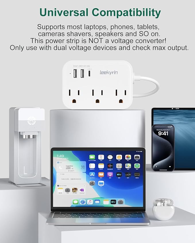 European Travel Plug Adapter, US to UK Europe Power Strip for EU/UK/US with 5ft Extension Cord, 3 USB Ports 3 AC Outlets, International Travel Power Strip, Type C for Europe EU Germany France