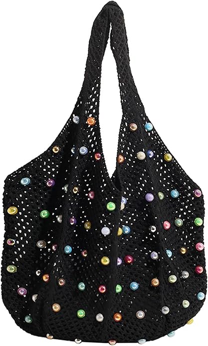 Boho Crochet Beach Tote Shoulder Bag with Colored Beads | Colorful Aesthetic Hippie Knit Bag for Women