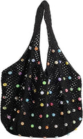 Boho Crochet Beach Tote Shoulder Bag with Colored Beads | Colorful Aesthetic Hippie Knit Bag for Women