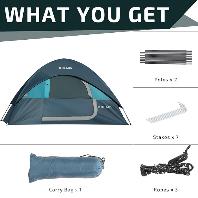 Golabs CT1 2 Person Camping Tent, Easy Set Up in 3 Mins, PU800mm Waterproof w/Mesh Top & Door with Ventilation, Lightweight 4.4lbs Portable Family Tent with Carry Bag &Interior Storage Pockets &Hook