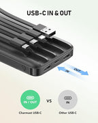charmast 10000mAh Portable Charger with Built in Cables, 22.5W Travel Essential Power Bank Fast Charging, USB C Battery Pack for iPhone 17/16/15/14/13/12/11 Series, iPad, Samsung, Android, Tablet