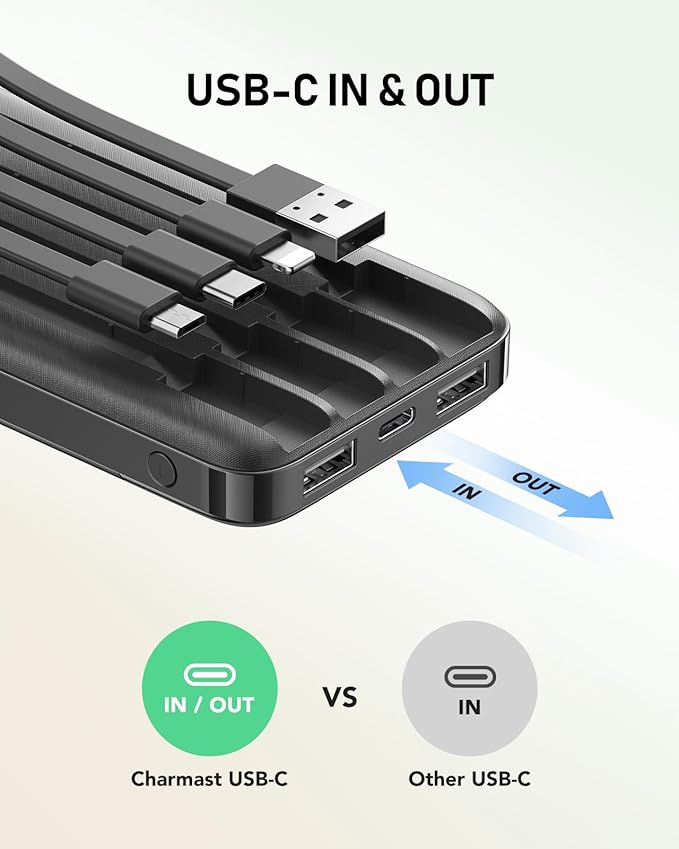 charmast 10000mAh Portable Charger with Built in Cables, 22.5W Travel Essential Power Bank Fast Charging, USB C Battery Pack for iPhone 17/16/15/14/13/12/11 Series, iPad, Samsung, Android, Tablet