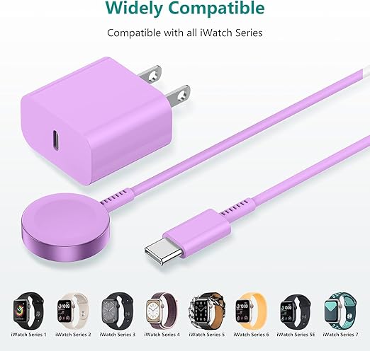 Upgraded Apple Watch Charger, Magnetic Fast Charger, USB C Charger Block Plug Adapter with 6FT iWatch Portable Wireless Fast Charging Cable Cord for iWatch Series Ultra/9/8/7/6/SE/SE2/5/4/3 Purple