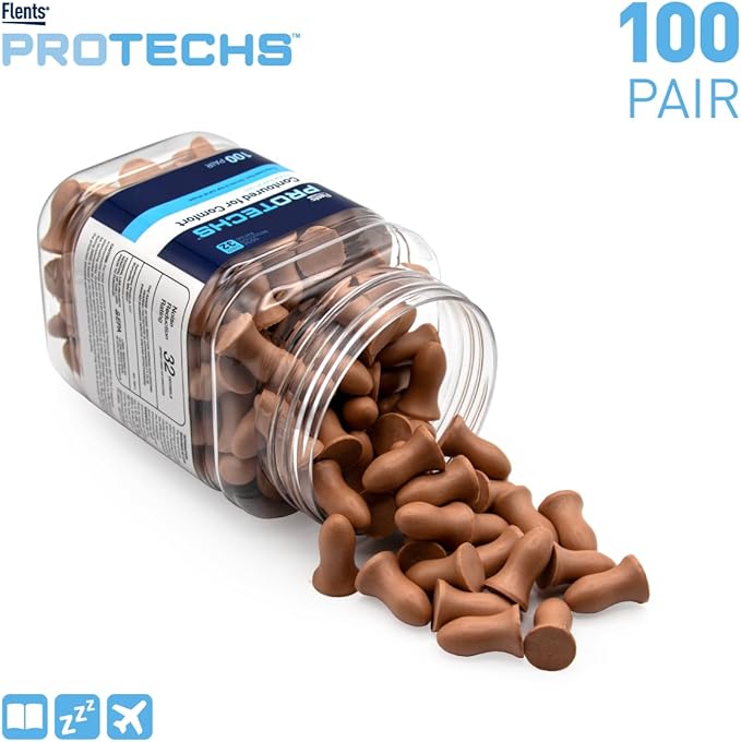 Flents Protechs Foam Ear Plugs, Contoured for Comfort, Ideal for Work with Loud Noise, Heavy Machinery, Construction, Studying & Traveling, NRR 32, Beige, Easy to Use, 100 Pair