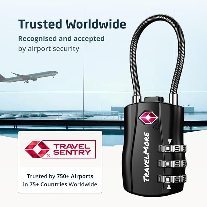 2 Pack TSA Approved Travel Combination Cable Luggage Locks for Suitcases & Backpacks - Black