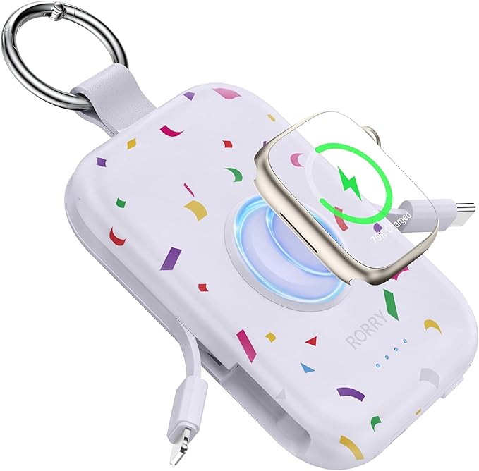 RORRY CharmGo Portable Charger, 5000mAh Portable Charger Power Bank with Built-in Cables, Travel Keychain Battery Pack for Apple Watch and iPhone Air/17/16/15/14/13/12, Confetti-Purple