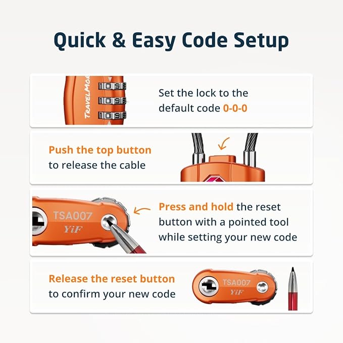 2 Pack TSA Approved Travel Combination Cable Luggage Locks for Suitcases & Backpacks - Orange