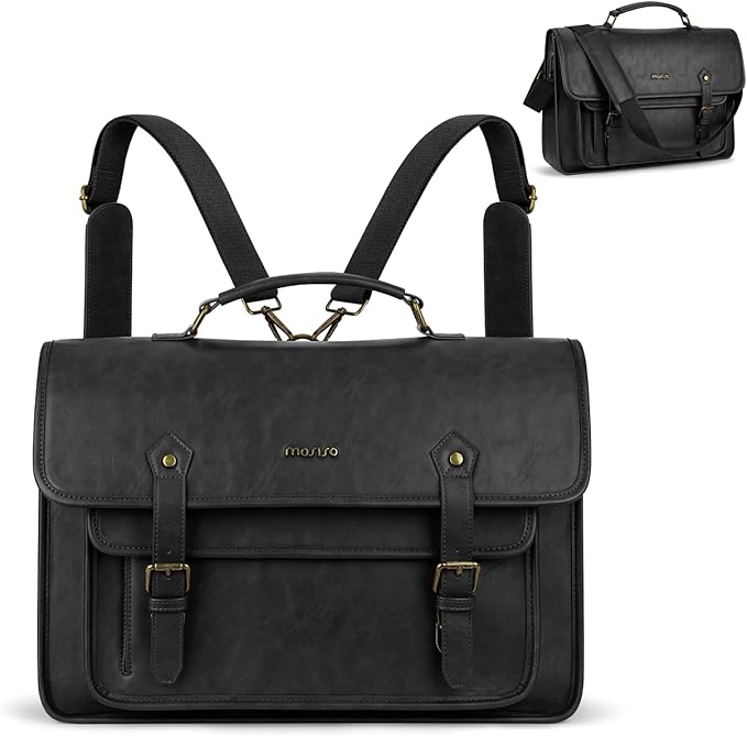 MOSISO 3 in 1 Laptop Bag, 15.6 inch PU Leather Shoulder Bag Briefcase Messenger Satchel Laptop Backpack, 15-16 inch Computer Bags Handbag Bookbag, Black