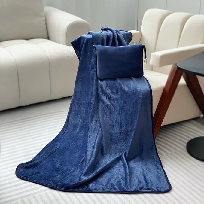 ShezPretty Premium 2in1 Soft Travel Blanket Pillow with Airline Hand Luggage Sleeve and Backpack Clip Airplane (Navy Blue)