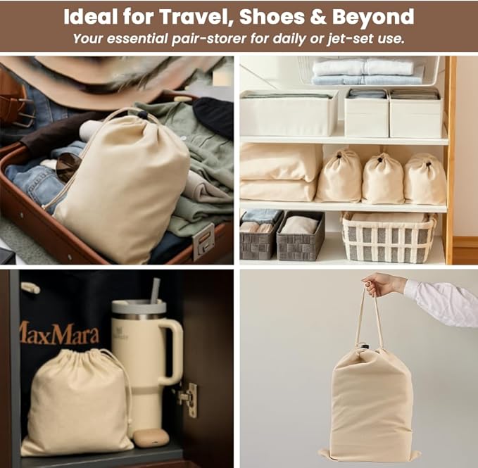 LFH Cotton Shoe Storage Bags with Drawstring, Dustproof Breathable Reusable Organizer, Perfect For Travel, Dorm, Hotel, College, Gym, Easy to Carry, Machine Washable 12"x17" (Pack of 6) - Natural