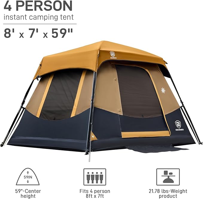 EVER ADVANCED 4 Person Blackout Camping Tent, 60s Easy Setup Instant Cabin Tent for Family, 4000mm Water-Resistant & UV Protection Light-Blocking Tent with Rainfly for Outdoor Travel, 8' x 7' x 59"