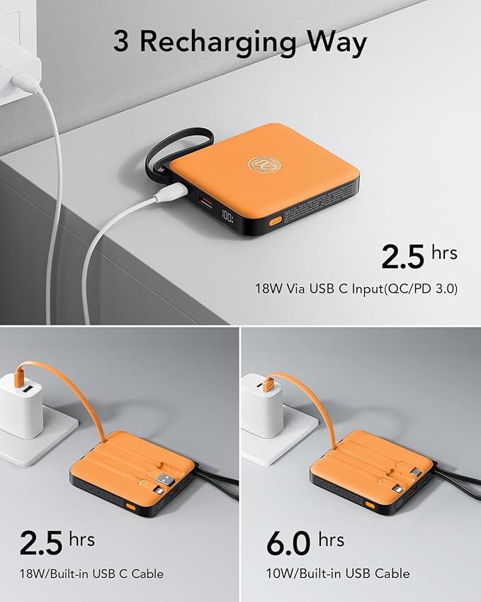 VRURC Portable Charger USB C for iPhone, Cargador Portátil para iPhone 10000mAh, Power Bank with Built-in Cables, 22.5W Fast Charging, LED Display, Slim for iPhone 17 Pro Max & Series (Orange)