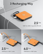 VRURC Portable Charger USB C for iPhone, Cargador Portátil para iPhone 10000mAh, Power Bank with Built-in Cables, 22.5W Fast Charging, LED Display, Slim for iPhone 17 Pro Max & Series (Orange)