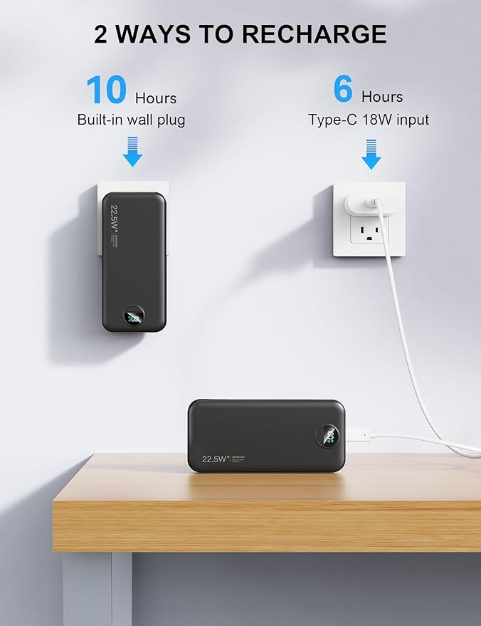 Portable Charger, 20000mAh 22.5W Fast Charging Power Bank with Built-in Cables & Wall Plug, USB C External Battery Pack with LED Display, Travel Essentials Phone Charger for iPhone iPad Samsung Black