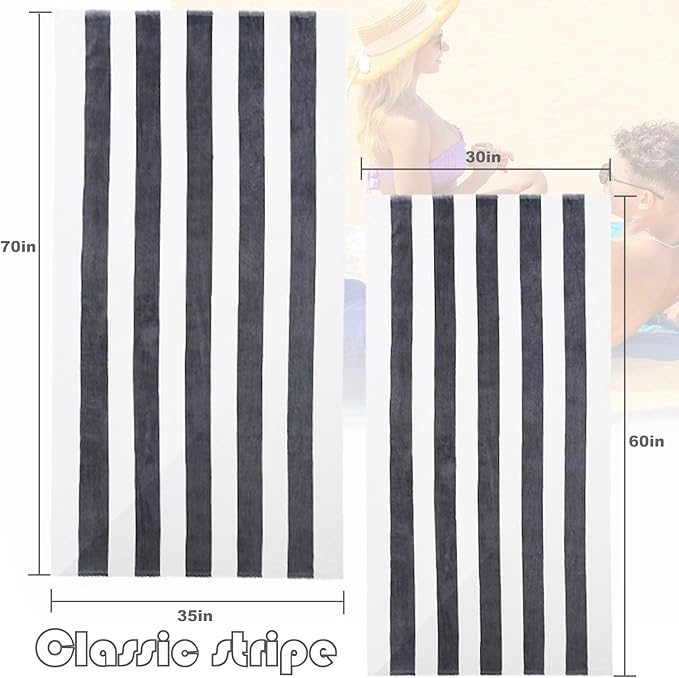 Exclusivo Mezcla 4 Pack Cotton Large 30x60 Inches Soft Cabana Stripe Thick Beach Towel, Super Absorbent Travel Bath Pool Towel (Charcoal Grey)