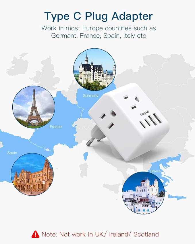 European Travel Plug Adapter, International Power Adapter with 3 Outlets 4 USB Charging Ports(2 USB C), Type C Plug Adapter Travel Essentials to Most Europe EU Spain Italy France Germany, 1 Pack
