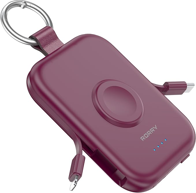 RORRY CharmGo Portable Charger, 5000mAh Portable Charger Power Bank with Built-in Cables, Travel Keychain Battery Pack for Apple Watch and iPhone Air/17/16/15/14/13/12, Burgundy