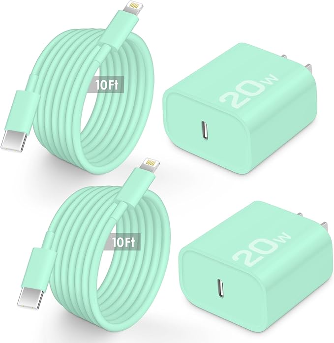 AISNI Fast Charger Block for iPhone 14 13 12 with 10 Foot Fast Charging Cable,MFi-Certified, 20W PD USB C i-Phone Charger 10 ft Compatible with iP14 Plus/14/13/12/11 Pro Max/XSMax (2-Pack Green)