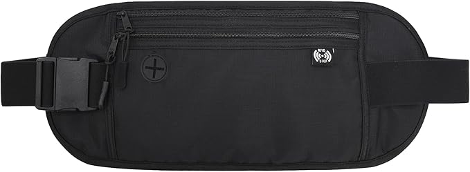 TRAVELSAFE Slim RFID Blocking Money Belt for Travel - Anti-Theft Hidden Passport Holder Waist Wallet with Secure Pouch for Cash, Credit Cards & Phone Safe (B-Black)