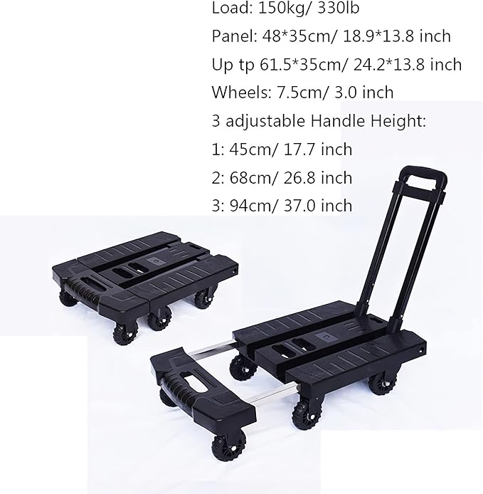 Heavy-Duty Folding Flatbed Hand Cart - 6 Wheels Trolley with Stretchable Handle for Home Office Travel & Moving - Supports 330lbs - Compact & Portable (Color: Black)