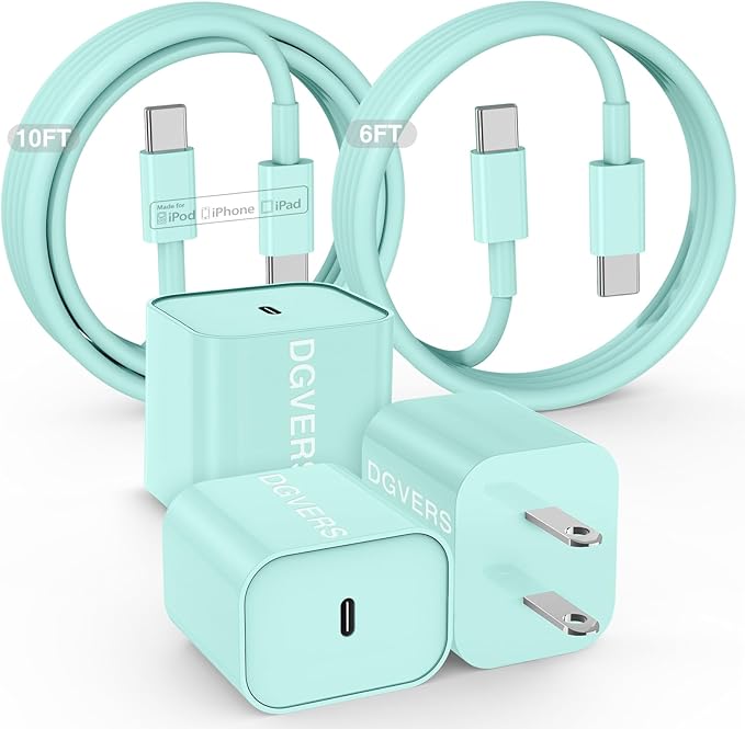 Fast Charger for iPhone 17 16 15 Charger Fast Charging, 6+10ft USBC to USBC Cable Cord &20W Type C Block for iPhone 17 Air, 16e, 17 16 15 (Pro Max/Pro/Plus), iPad Pro/Air/Mini, Green