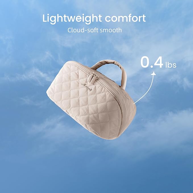 LOVEVOOK Travel Makeup Bag for Women, 2Pcs Puffer Waterproof Cosmetic Organizer, Large Capacity Pouch Open Flat Small Toiletry Bag with Brush Compartment & Handle (Light khaki, Medium)