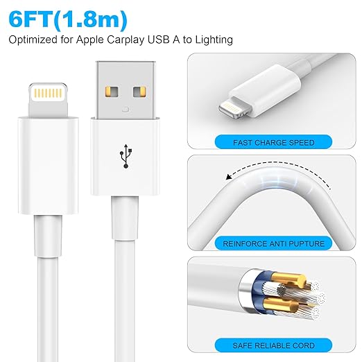 Car Apple Carplay Cable，USB A to Lightning Cable 6FT Compatible with iPhone 14 13 12 11 Pro Max XR XS X Charger Cord，Car Charging Cord（White）
