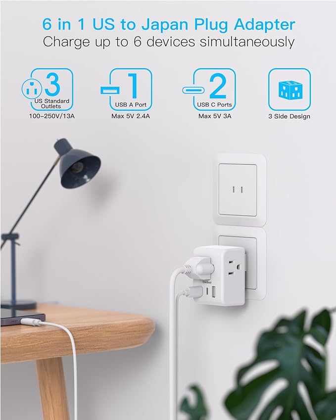 2 Pack US to Japan Plug Adapter, 2 Prong to 3 Prong Outlet Adapter with 3 Outlets 3 USB Ports(2 USB C), Type A Travel Power Converter Plug Adaptor for USA to Japanese Canada Mexico Philippines Peru