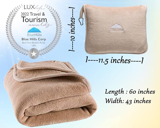 BlueHills Premium Soft Plush Travel Blanket Value Pack Set of 2 - Airplane Travel Essential Flight Blanket Throw in a case Compact Car Plane Travel Gift – Beige and Royal Blue.