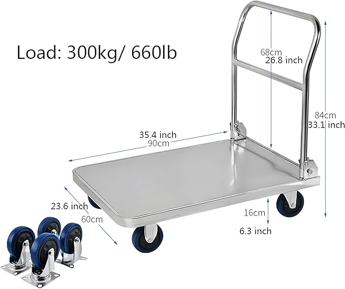 Push Cart Stainless Steel Platform Truck Foldable Handle Thicken Panel for Luggage Tools Appliances Transport High Bearing Capacity Push Cart Platform Hand Truck (201 60
