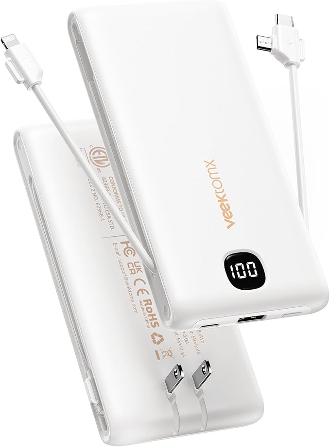 Portable Charger for iPhone Built in Cables and Wall Plug 10000mAh, Power Bank for Phone, USB C Slim Battery Pack with LED Display Compatible with iPhone 17/16/15/14, Samsung