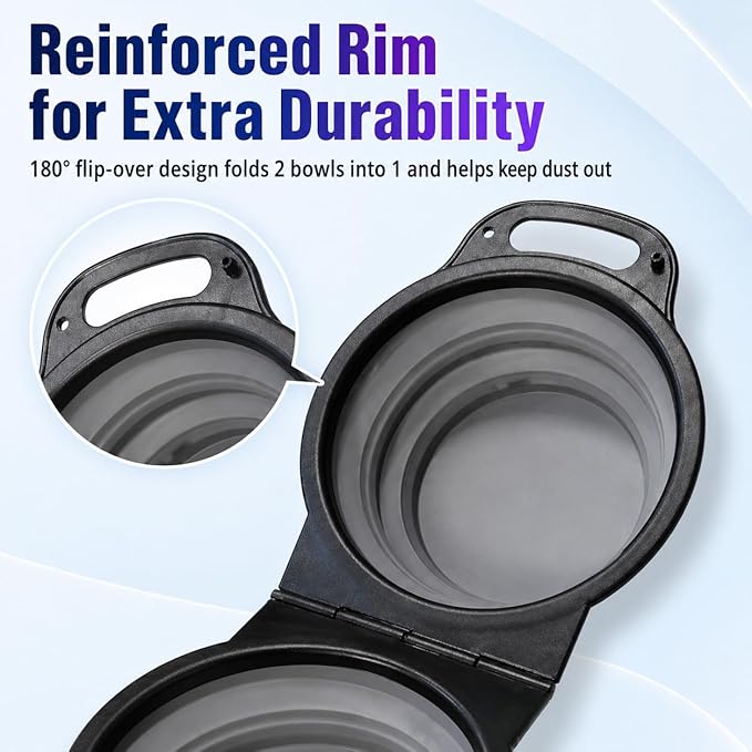 Collapsible Dog Bowls with Carabiner, Double Portable Travel Pet Bowls for Food and Water, Foldable Silicone Dog Bowl for Walking, Hiking, Camping, Small Medium Dogs and Cats,Gray