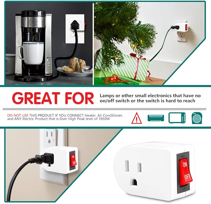 Grounded Outlet Adapter, ANKO ETL Listed Wall Tap Adapter with Red Indicator On/Off Power Switch (4 Pack)