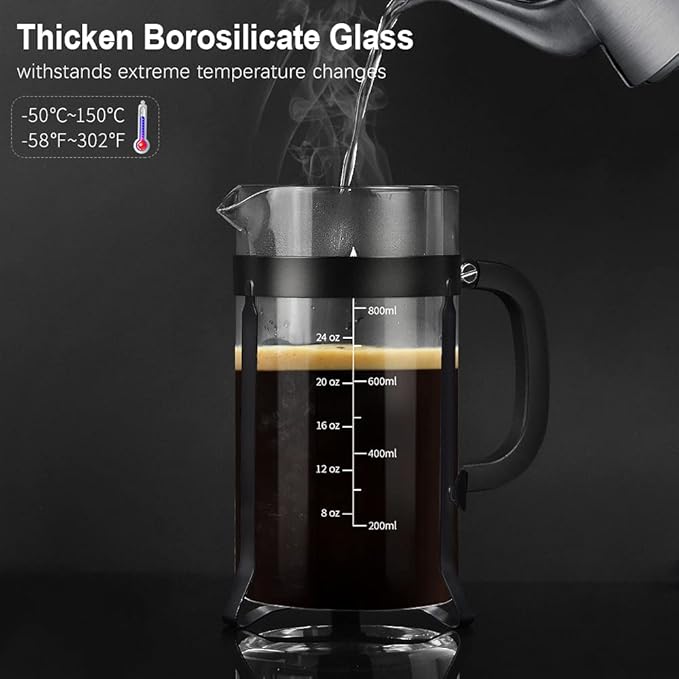 QUQIYSO French Press Coffee Maker 304 Stainless Steel French Press with 4 Filter, Heat Resistant Durable, Easy to Clean, Borosilicate Glass Coffee Press, 100% BPA Free Glass Teapot,34 ounce, Black