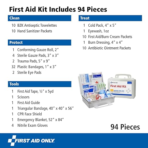 First Aid Only 91324 ANSI A 2021 and OSHA Compliant First Aid Kit, 25-Person Emergency First Aid Kit for Business, Home, Car, and Worksites, 94 Pieces