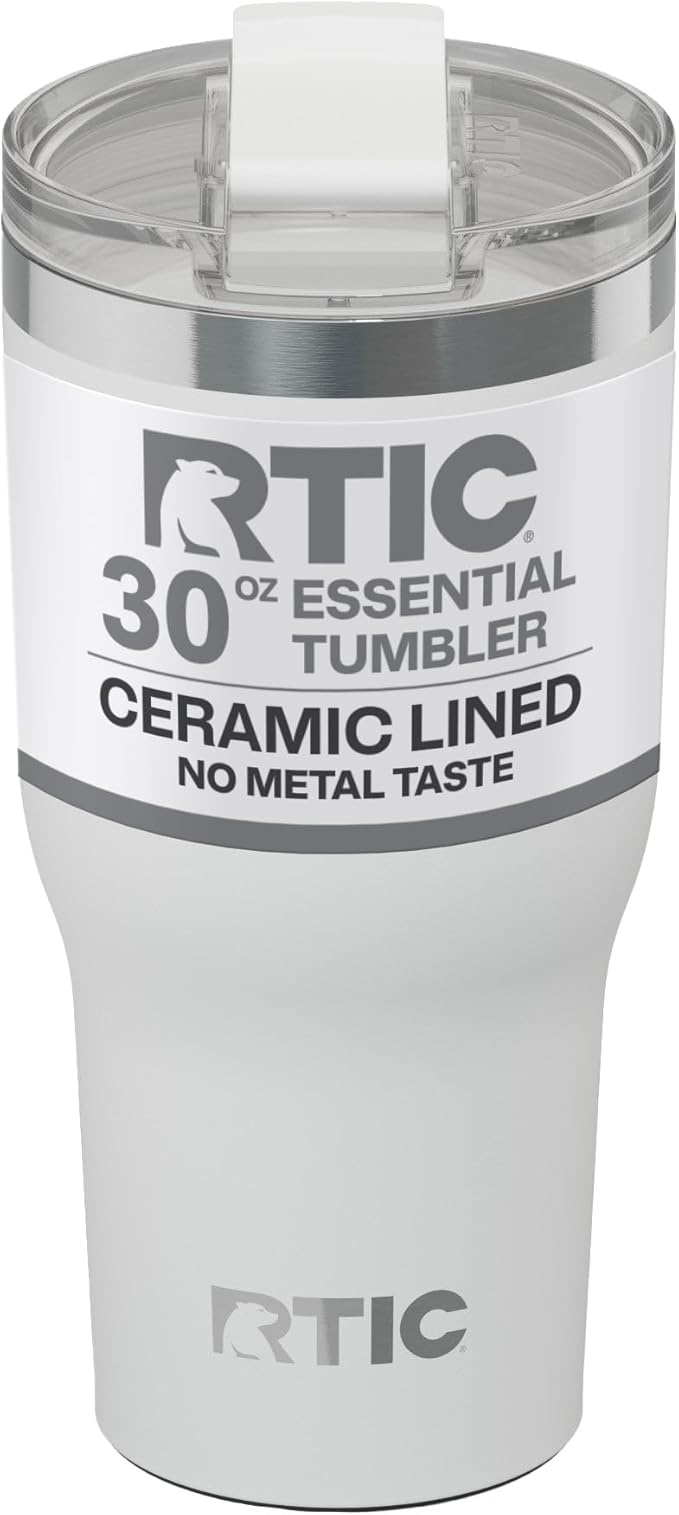 RTIC 20oz Essential Tumbler with Lid, Ceramic Lined, Insulated, Stainless Steel, Metal, Double Wall Vacuum-Insulation, Travel Cup for Iced Coffee, Tea, Hot and Cold Drink, White