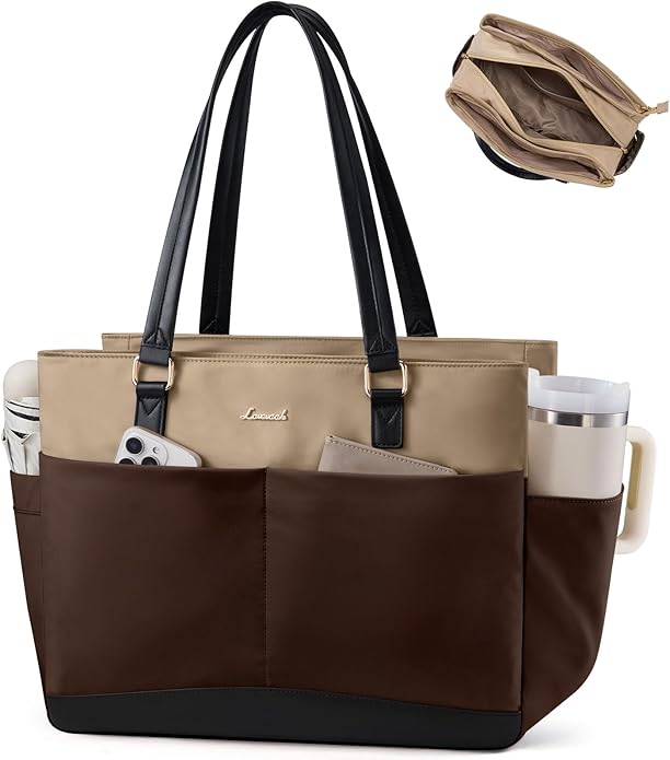 LOVEVOOK Laptop Tote Bag for Women with 3 Separate Pocket Work Bag with Large Cup Holder Computer Briefcase for Teacher Nurse